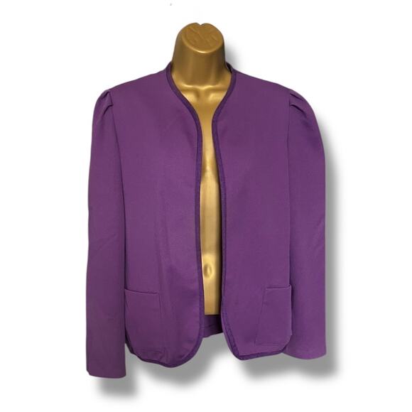Vintage Purple Open Front Blazer Jacket Women’s Puff Shoulder Pockets Size M - Picture 3 of 8